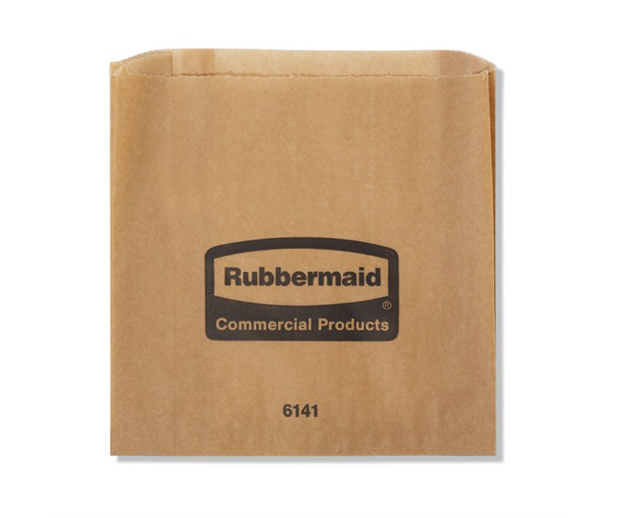A brown paper bag with printed text on the front, shown against a white background. Rubbermaid® Waxed Bags for Sanitary Napkin Receptacle (8.75 in. x 8.5 in. x 2.75 in., 250/Case)